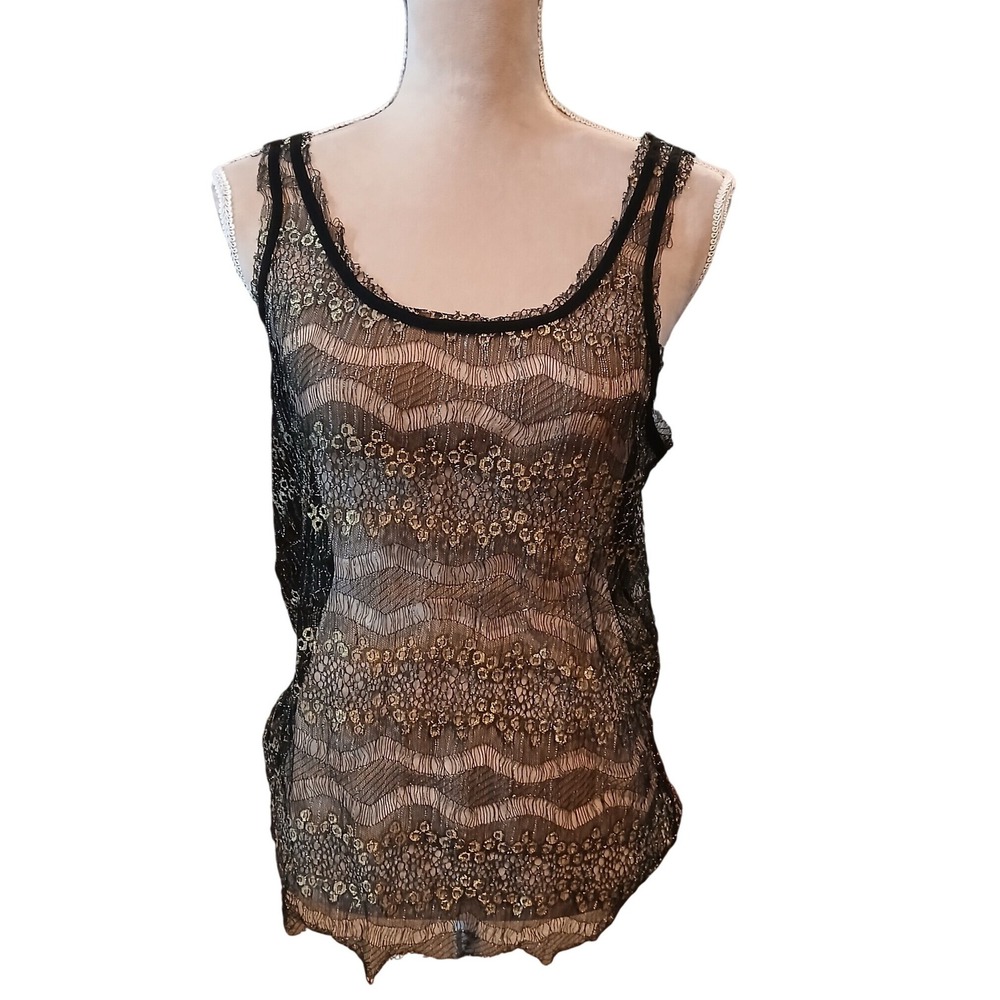 Jeans by Buffalo Womens Black Gold Metallic Lace Tank Top Scoop Neck Size Medium
